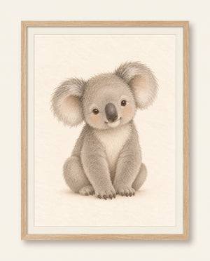 Kinderzimmer-Poster mit einem jungen Koala vor hellem Hintergrund in einem Rahmen