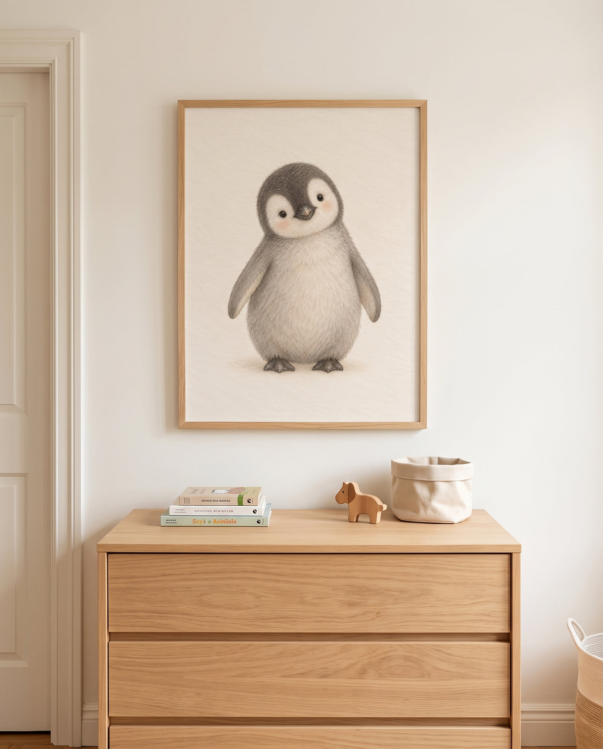 Poster mit rundlichem Pinguinküken in einem Babyzimmer mit Holzkommode