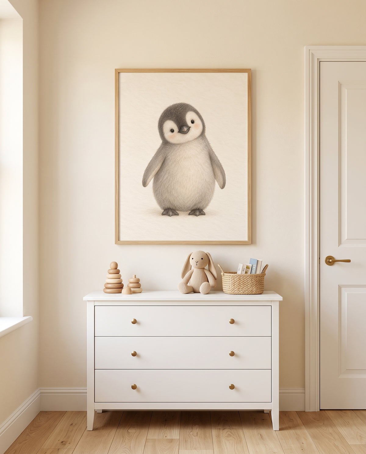Pinguin-Poster in zurückhaltenden Grau-, Beige- und Cremetönen in einer gemütlichen Kuschelecke