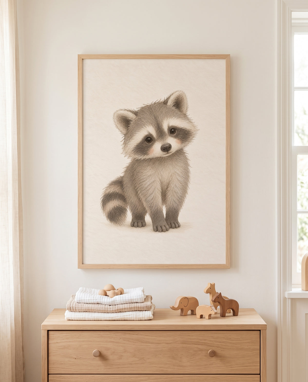 Waschbär-Poster in einem Babyzimmer mit Holzkommode