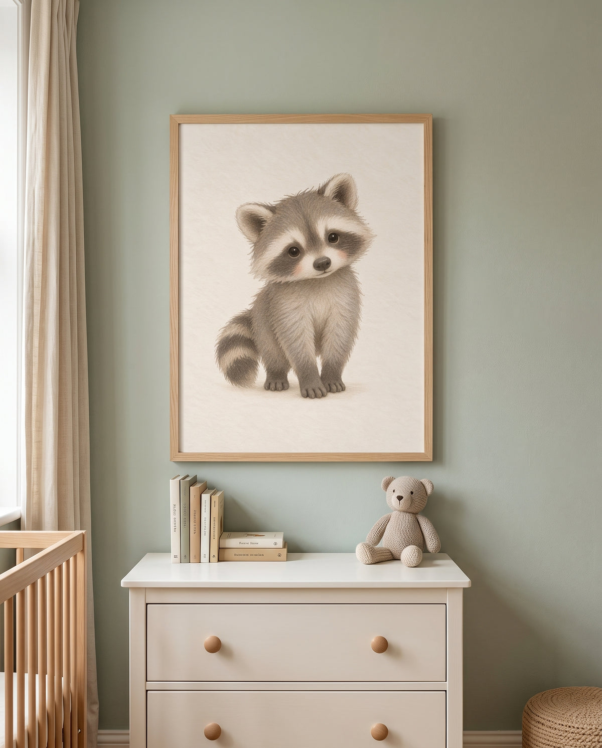 Detailansicht des Waschbär-Motivs in einem Naturholzrahmen