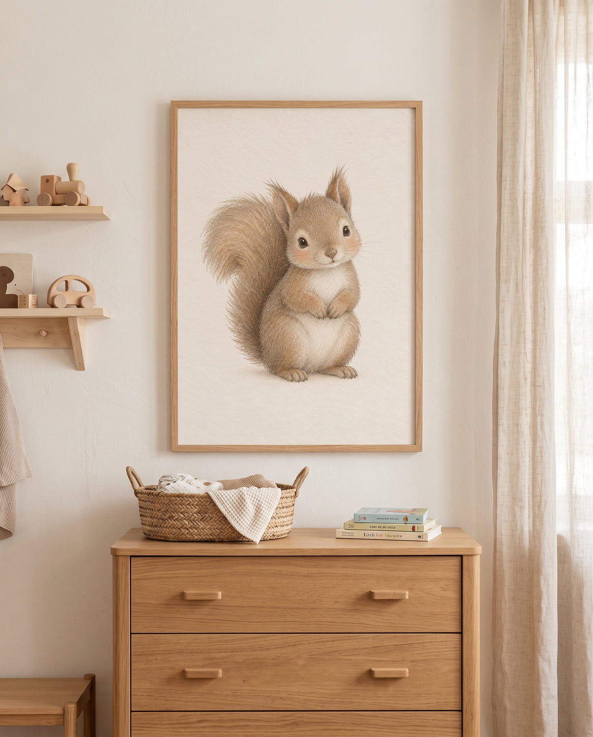 Poster mit kleinem Eichhörnchen in einem minimalistischen Babyzimmer