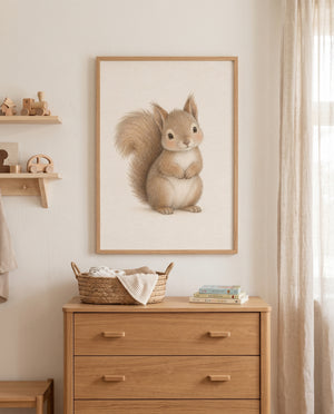 Poster mit kleinem Eichhörnchen in einem minimalistischen Babyzimmer