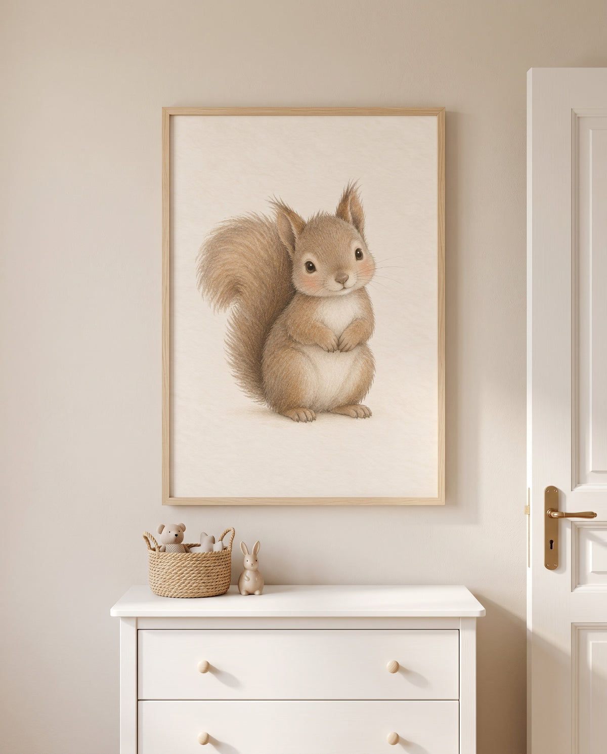 Detailansicht des Eichhörnchen-Posters in einem Naturholzrahmen