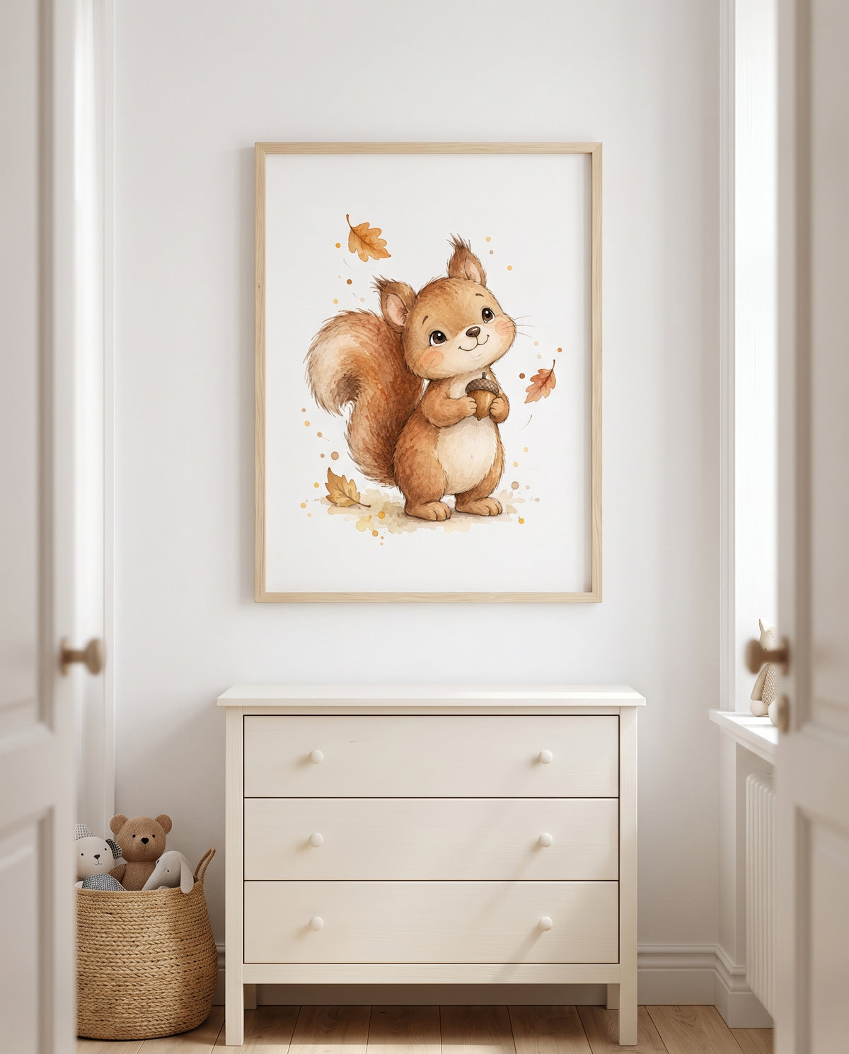 Eichhörnchen-Poster mit Eichel in einem skandinavischen Kinderzimmer