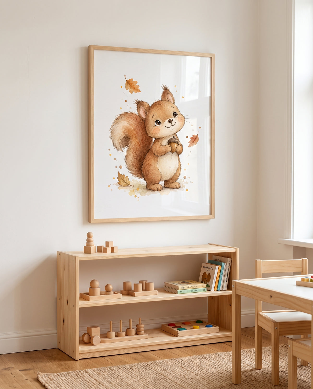 Kinderposter mit Eichhörnchen, Eichel und Herbstblättern in einem Montessori-Kinderzimmer