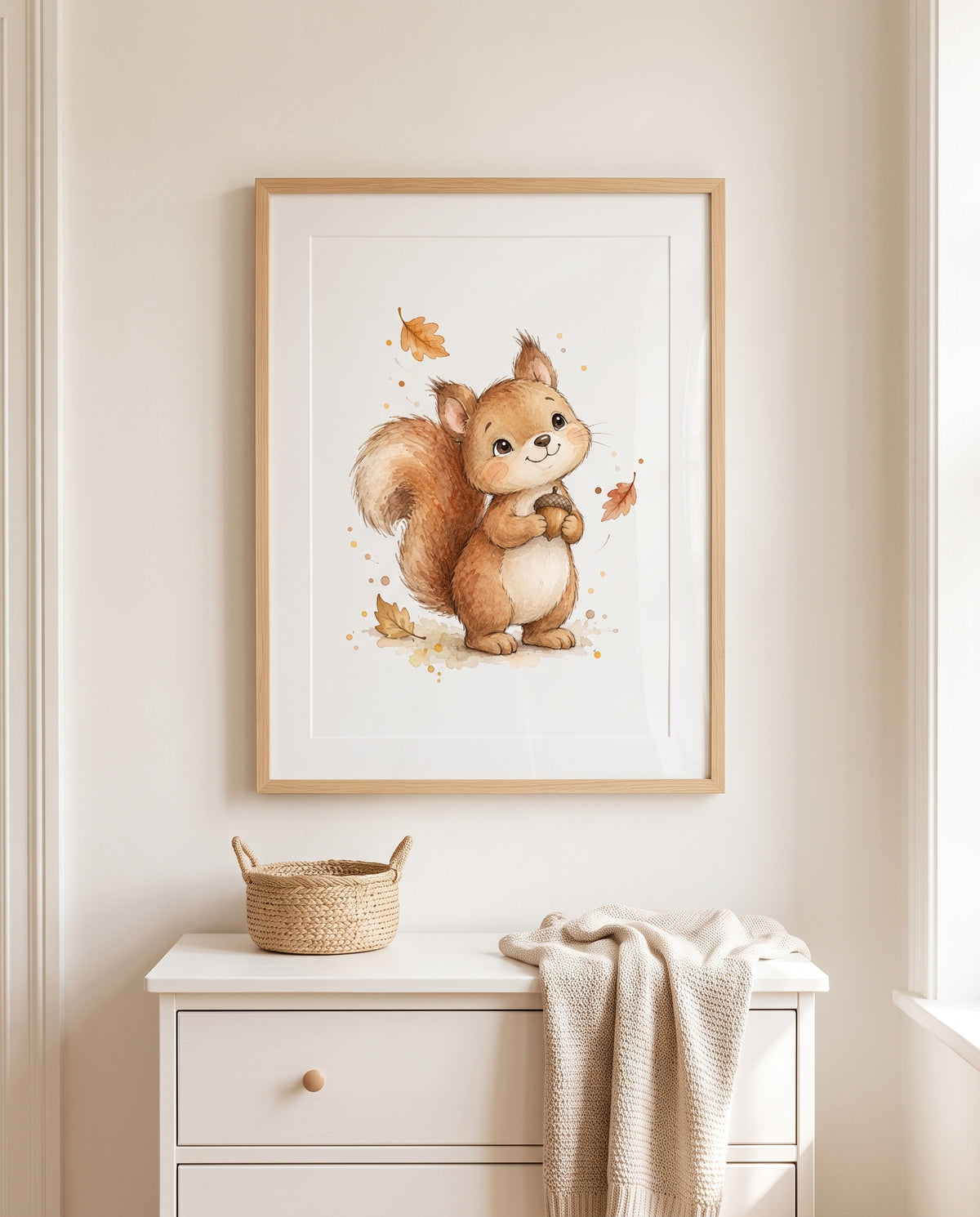 Poster mit Eichhörnchen und Eichel in warmen Naturtönen in einem minimalistischen Babyzimmer