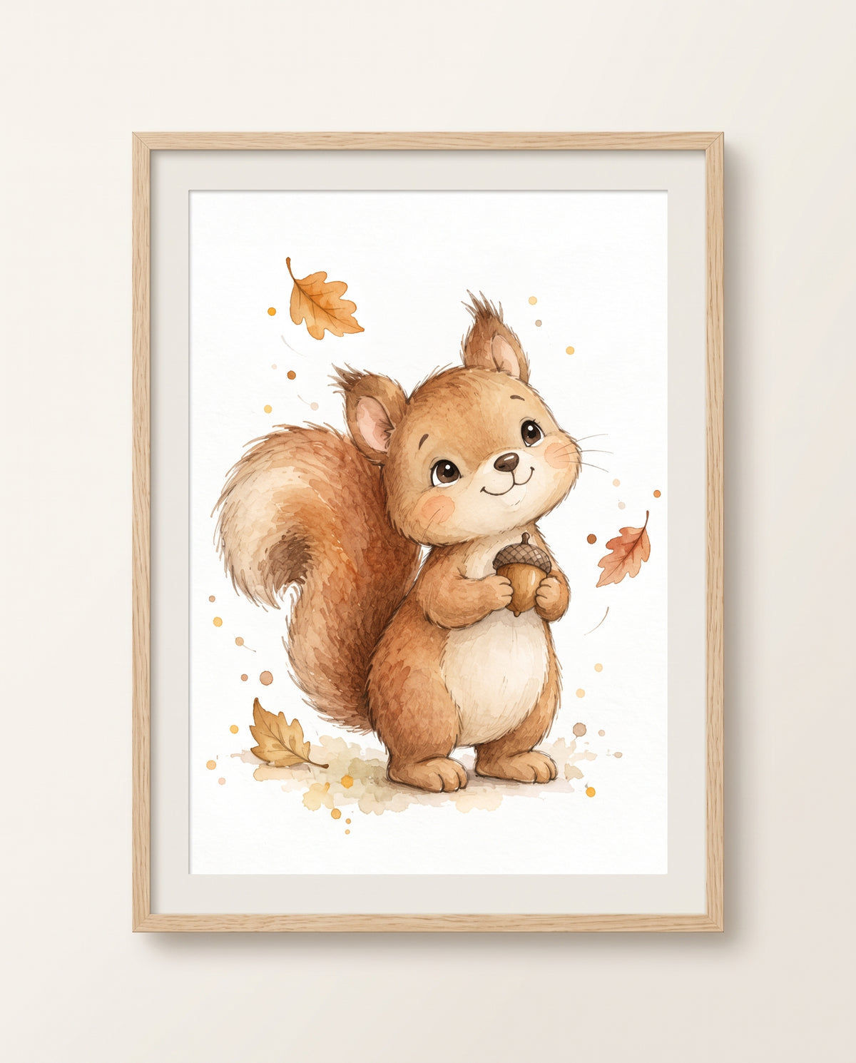 Gerahmtes Kinderzimmer-Poster mit gezeichnetem Eichhörnchen und großer Eichel