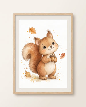 Gerahmtes Kinderzimmer-Poster mit gezeichnetem Eichhörnchen und großer Eichel