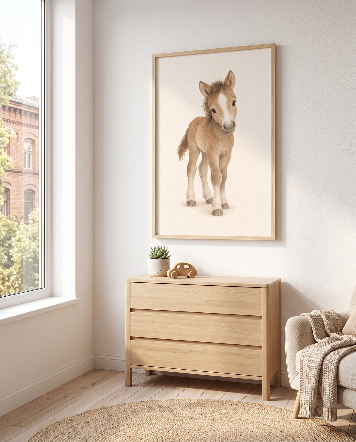 Poster mit kleinem braunem Fohlen in einem skandinavisch eingerichteten Kinderzimmer