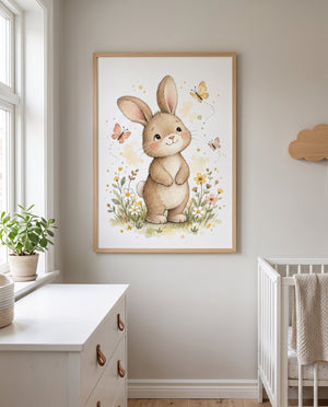 Poster mit Häschen, Blumen und Schmetterlingen in einem skandinavischen Kinderzimmer