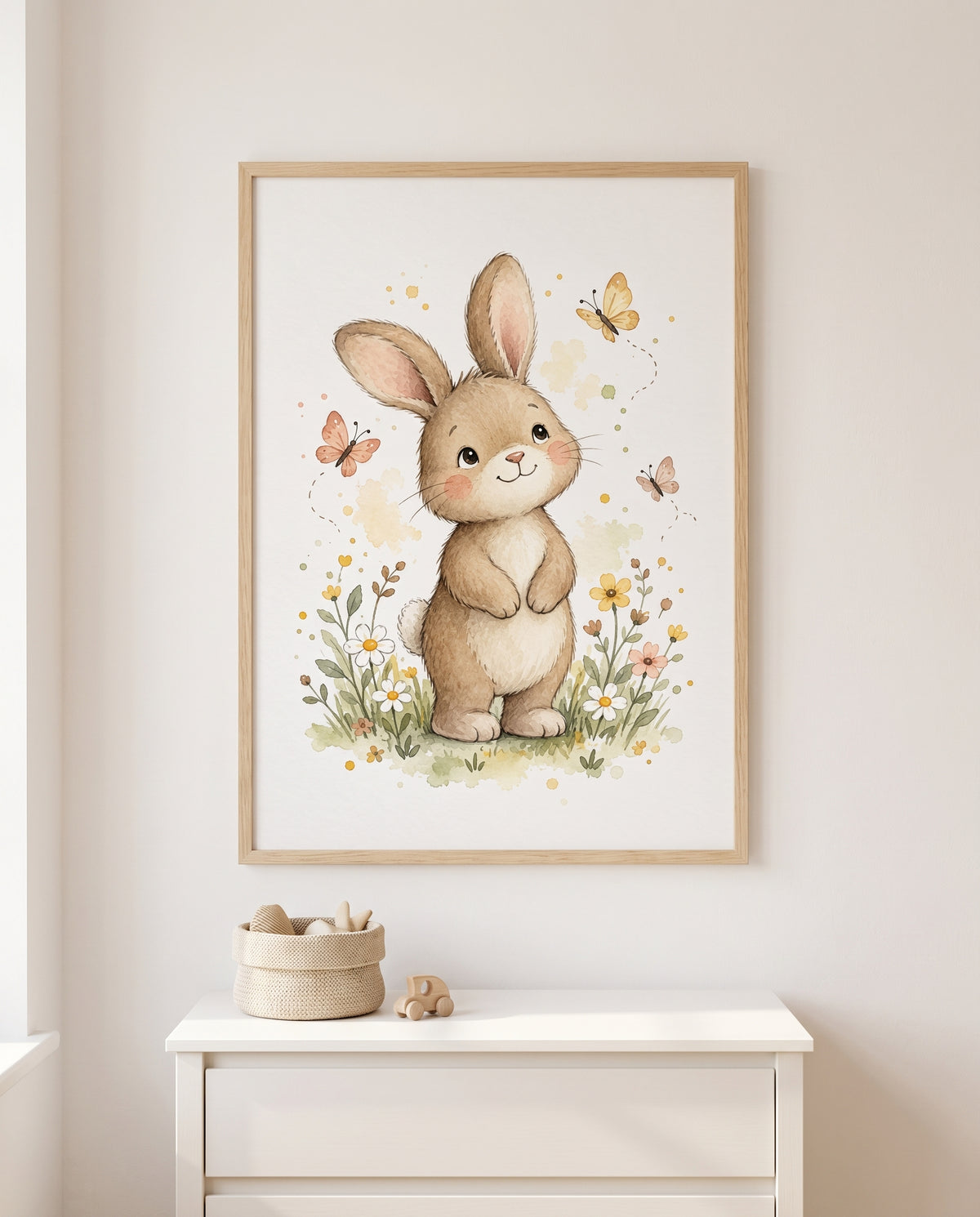 Häschen-Poster in sanften Naturtönen in einem minimalistischen Babyzimmer