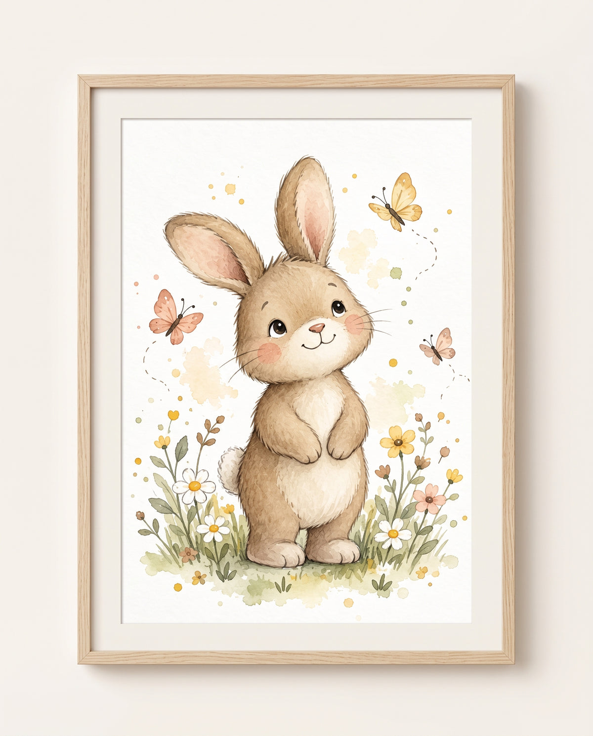 Kinderzimmer Poster mit braunem Häschen auf einer Blumenwiese und drei Schmetterlingen