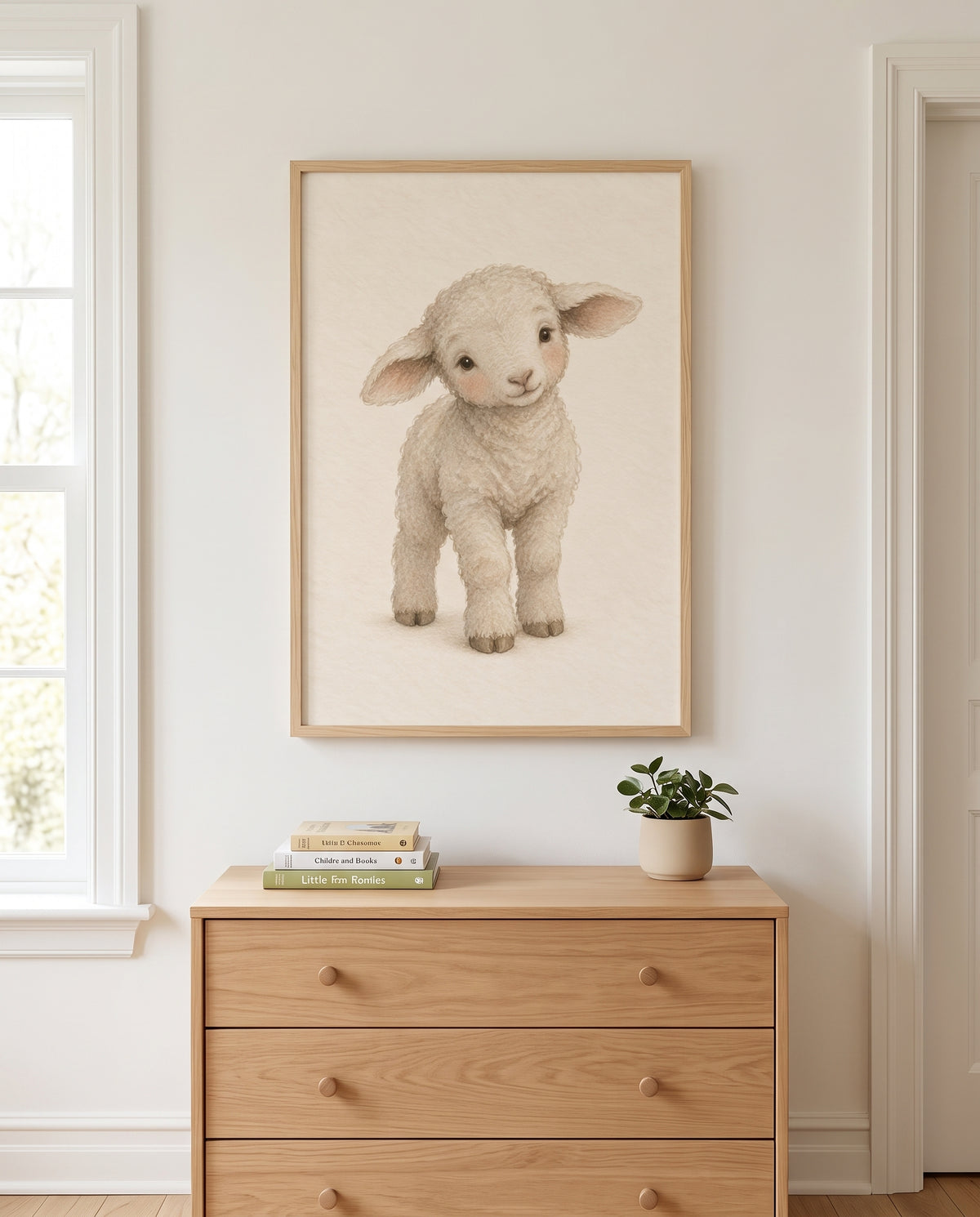 Poster mit kleinem Lämmchen in sanften Naturtönen in einem skandinavischen Kinderzimmer