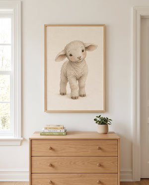 Poster mit kleinem Lämmchen in sanften Naturtönen in einem skandinavischen Kinderzimmer