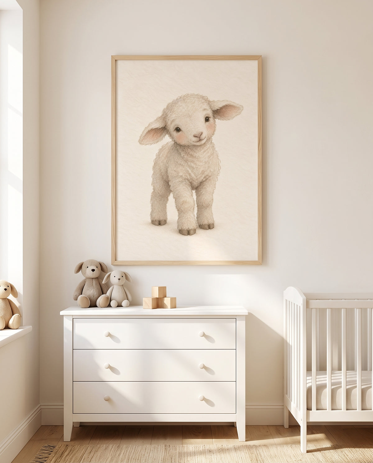 Lämmchen-Poster in Creme, Beige und hellem Braun in einer gemütlichen Kuschelecke