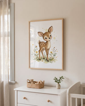 Rehkitz-Poster mit Blumenwiese in einem skandinavischen Kinderzimmer