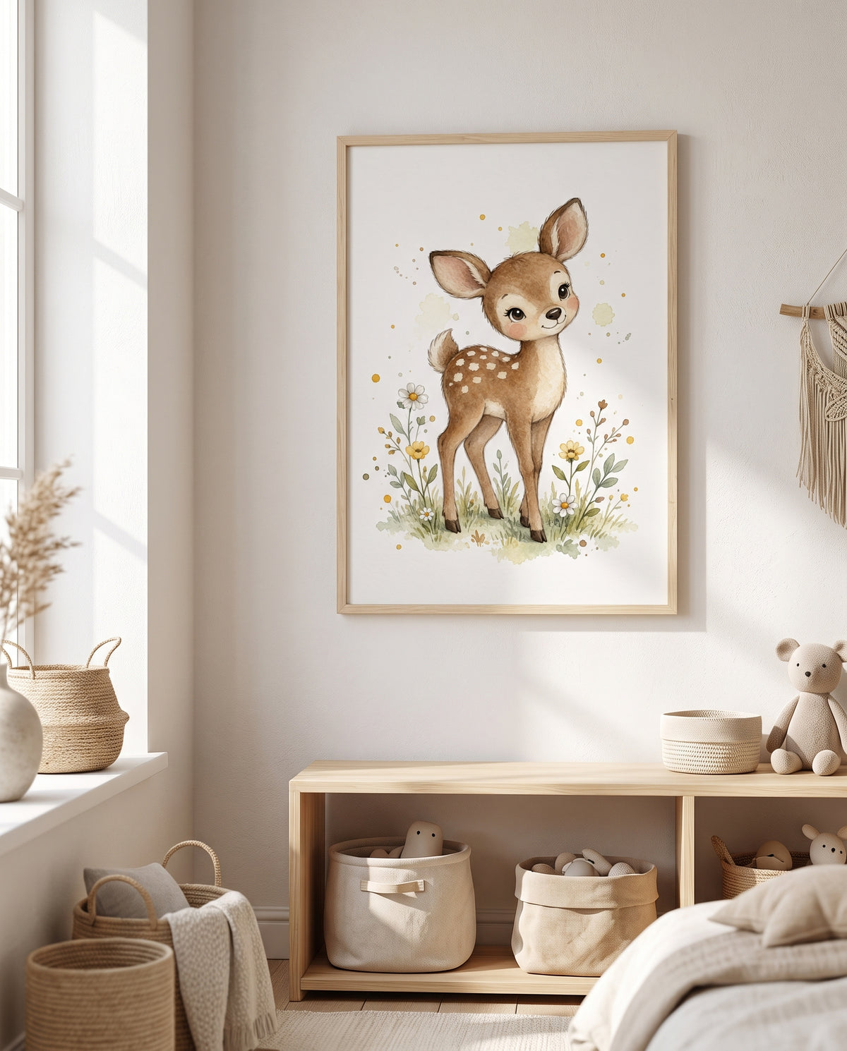 Kinderposter mit Rehkitz und Blumen in einem Montessori-Kinderzimmer