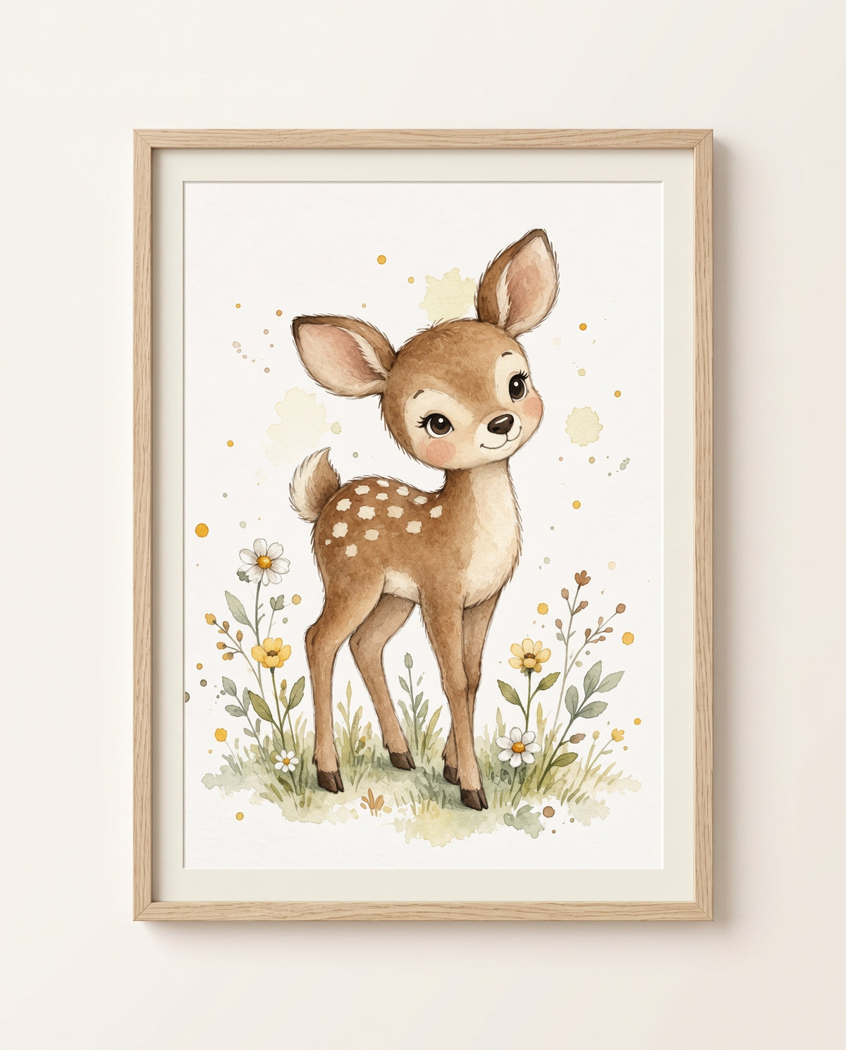 Kinderzimmer-Poster mit einem Rehkitz auf einer Blumenwiese als gerahmte Ansicht