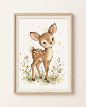 Kinderzimmer-Poster mit einem Rehkitz auf einer Blumenwiese als gerahmte Ansicht