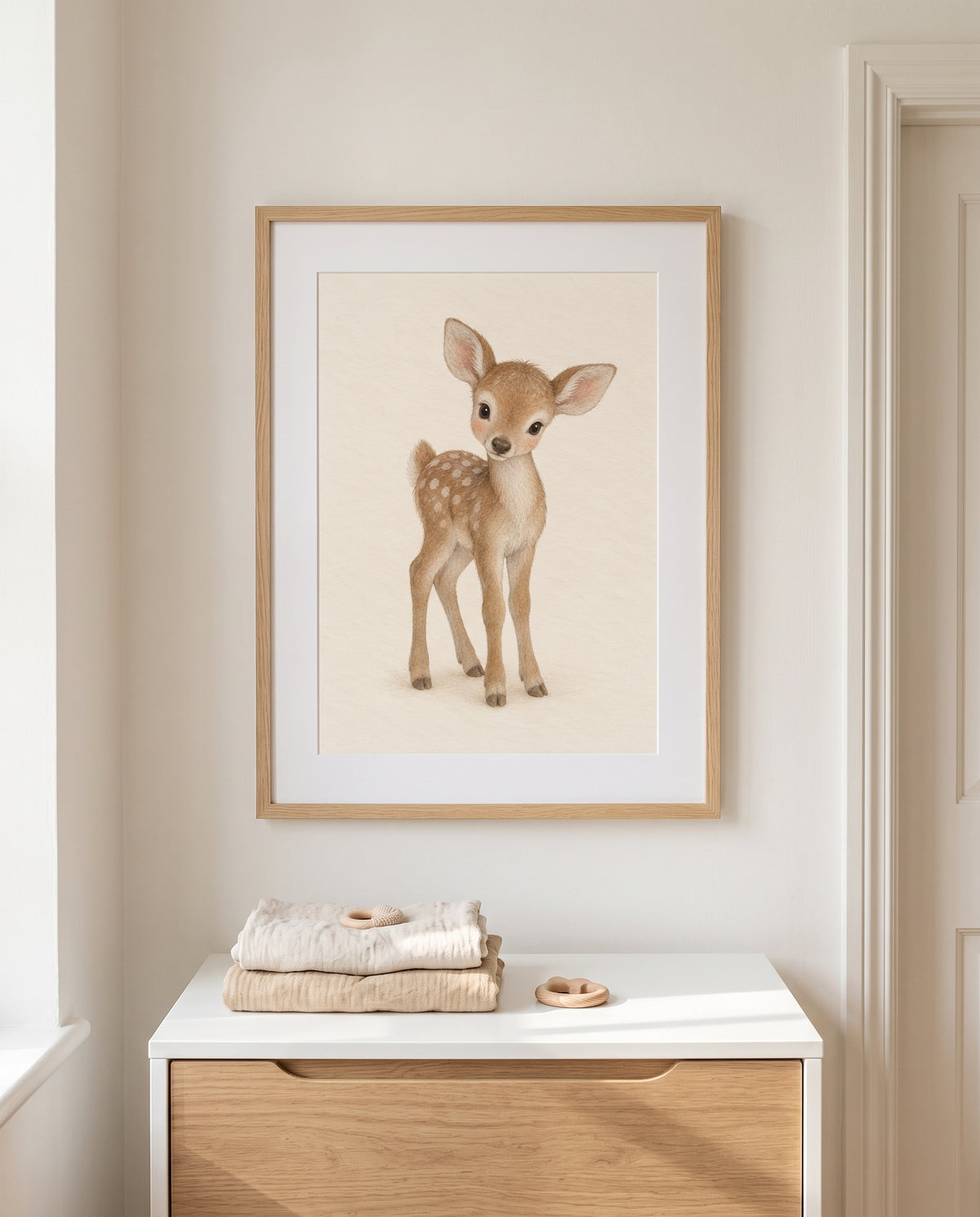 Kinderposter mit kleinem Rehkitz in einem minimalistisch eingerichteten Babyzimmer