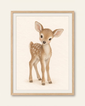Kinderzimmer-Poster mit einem kleinen Rehkitz in sanften Naturtönen als gerahmte Darstellung