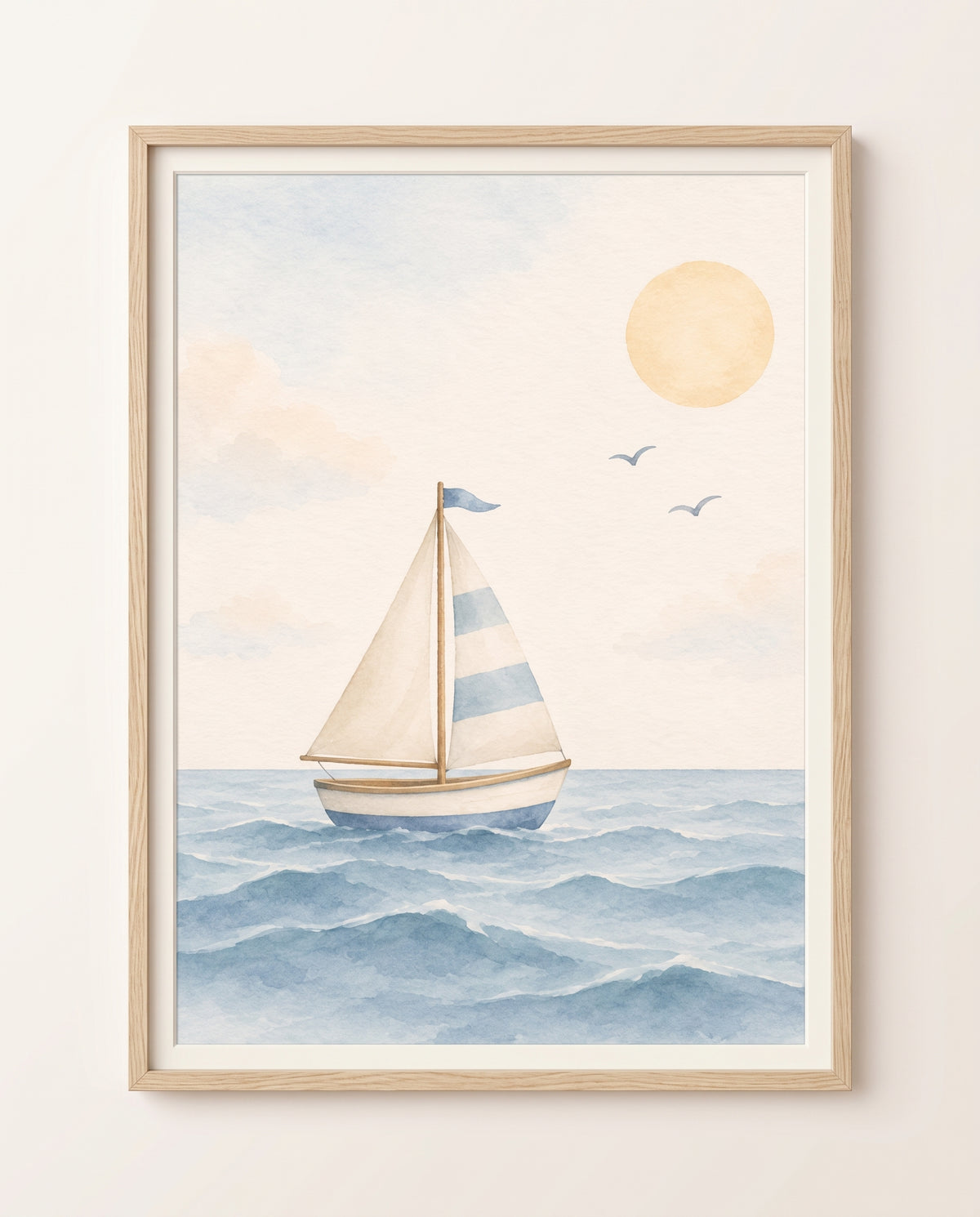 Gerahmtes Kinderzimmer-Poster mit Segelboot, zwei Möwen und großer Sonne über dem Meer