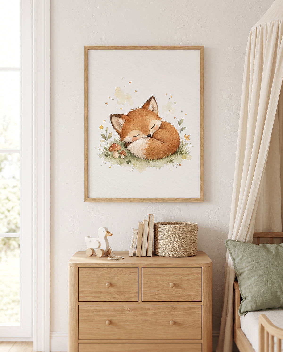 Poster mit kuschelnden Füchsen in einem skandinavischen Kinderzimmer