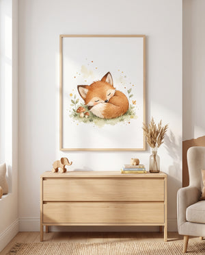 Fuchs-Poster mit zwei schlafenden Tieren über einer Holzkommode im Babyzimmer