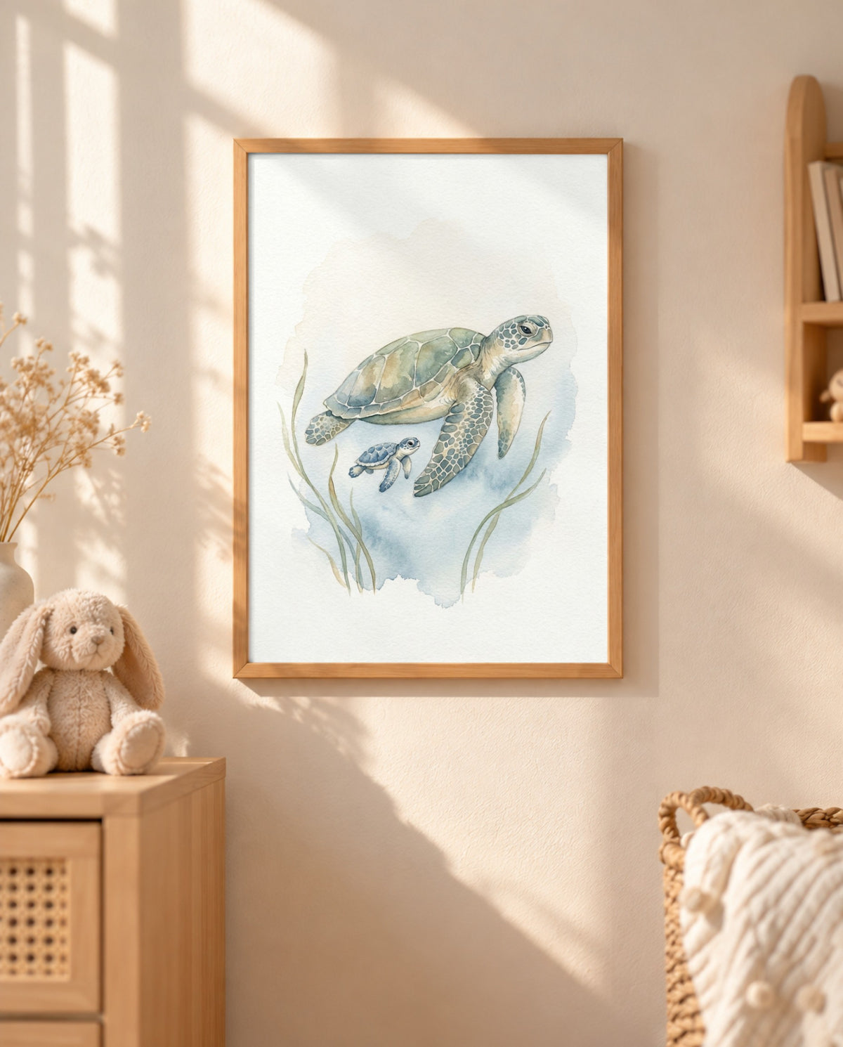Gerahmtes Meeresschildkröten-Poster an einer hellen Wand mit Sonnenlicht und Fensterschatten, daneben eine Holzkommode mit Stoffhasen und Trockenblumen sowie ein angeschnittener Korb.