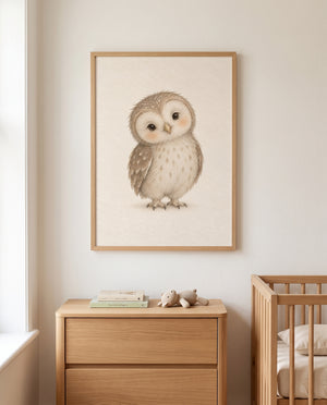 Poster mit neugieriger Eule und viel heller Freifläche in einem skandinavischen Kinderzimmer