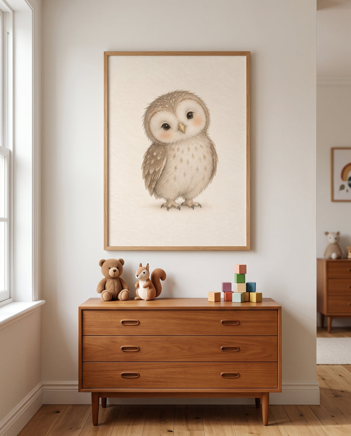Eulenposter in warmen Naturtönen in einer gemütlichen Kuschelecke