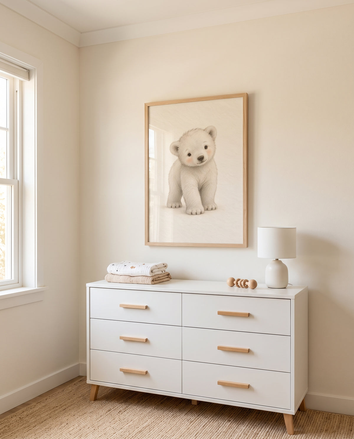 Poster mit hellem Eisbär-Motiv in einem minimalistisch eingerichteten Babyzimmer
