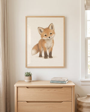 Fuchs-Poster mit cremeweißem Hintergrund in einem Babyzimmer mit Holzkommode