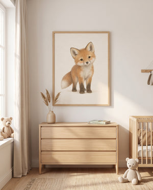 Kinderzimmer-Poster mit einem Fuchs mit aufgestellten Ohren in einem minimalistischen Babyzimmer