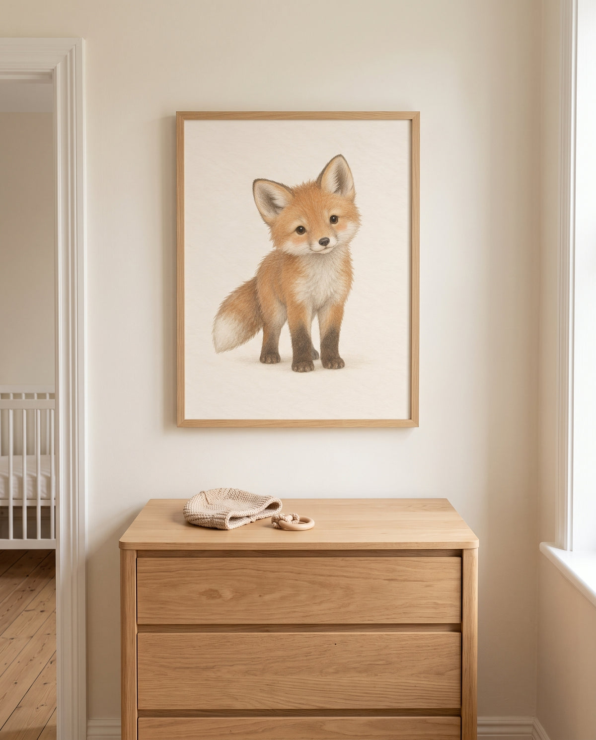 Detailansicht des Fuchs-Motivs in einem Naturholzrahmen