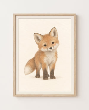 Poster mit neugierigem Fuchs in warmen Rostorange- und Beigetönen im Rahmen
