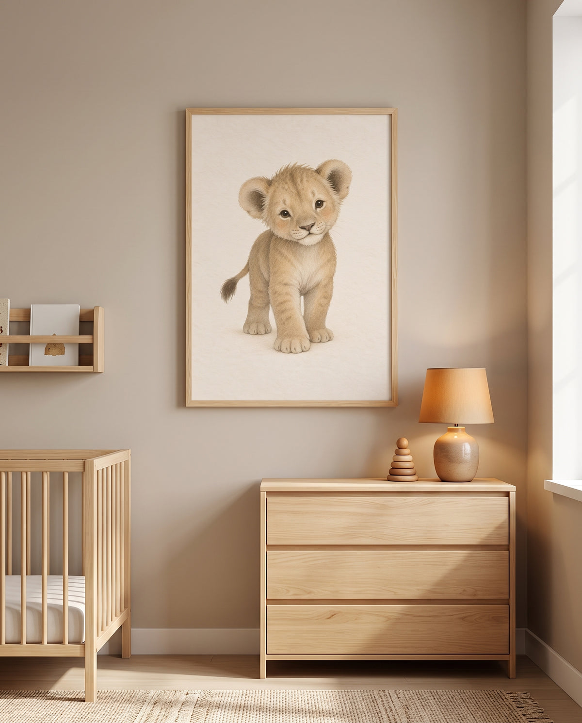 Löwenkind-Poster in warmen Naturtönen in einem Montessori-Kinderzimmer