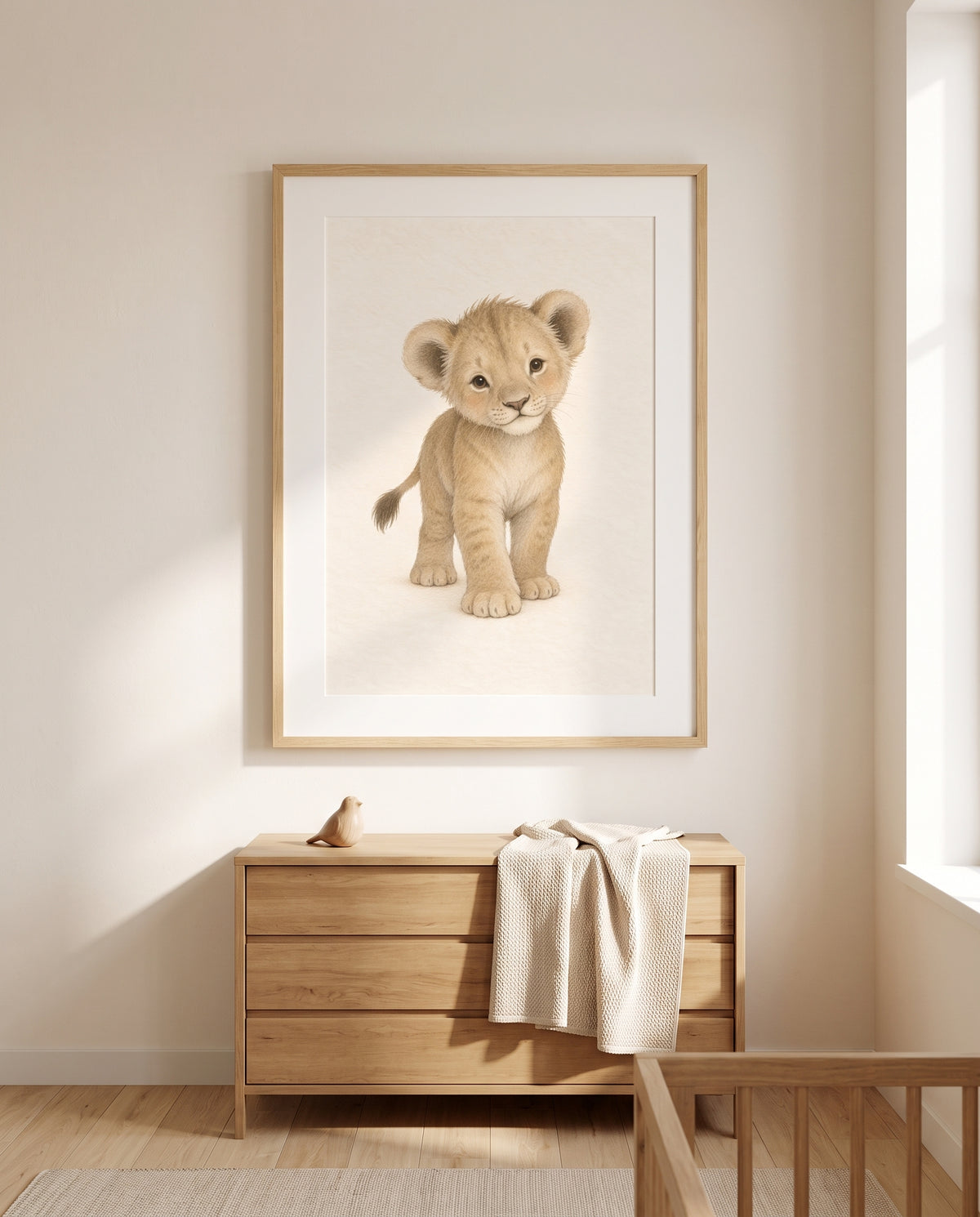 Poster mit jungem Löwen auf hellem Hintergrund in einem minimalistischen Babyzimmer