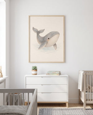 Poster mit graublauem Wal in einem skandinavisch eingerichteten Kinderzimmer