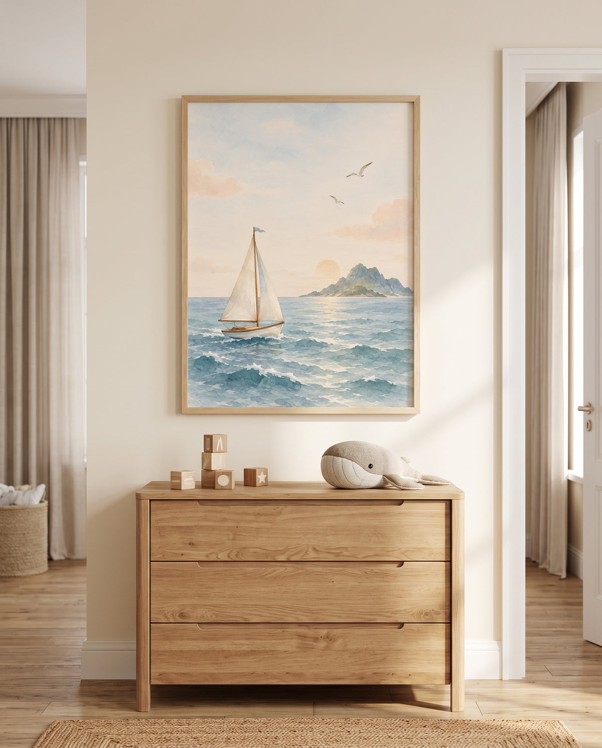 Poster mit Segelboot, Möwen und Abendsonne in einer gemütlichen Kuschelecke