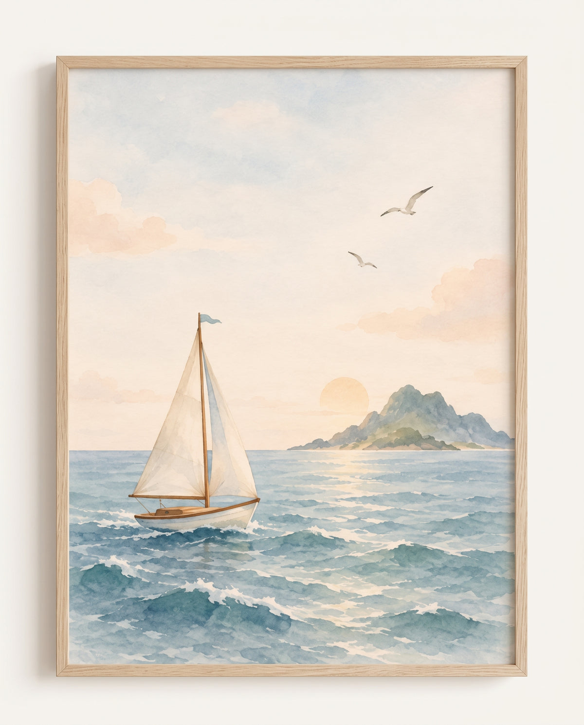 Poster mit Segelboot im Abendlicht, zwei Möwen und felsiger Insel auf bewegtem Meer